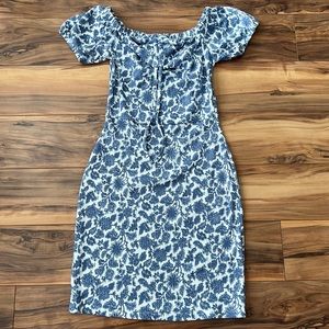 white and blue floral mini dress